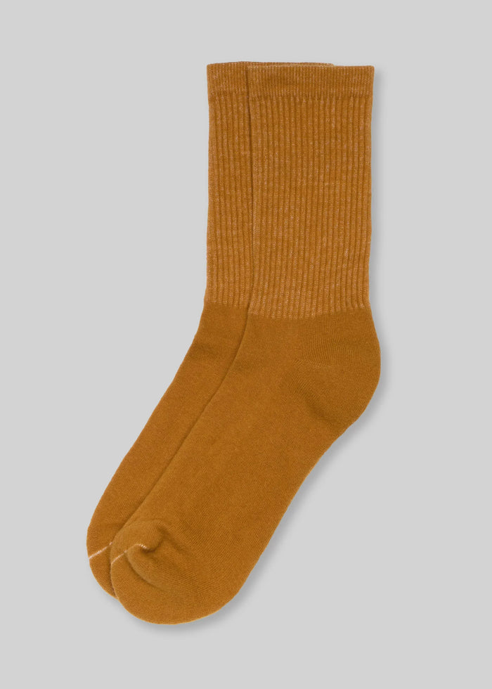 f3c6101aa145e2d570726812c72d1e9f1564d7d675da8a068550a47b79dc20b9 front, mustard yellow ribbed crew socks on white background