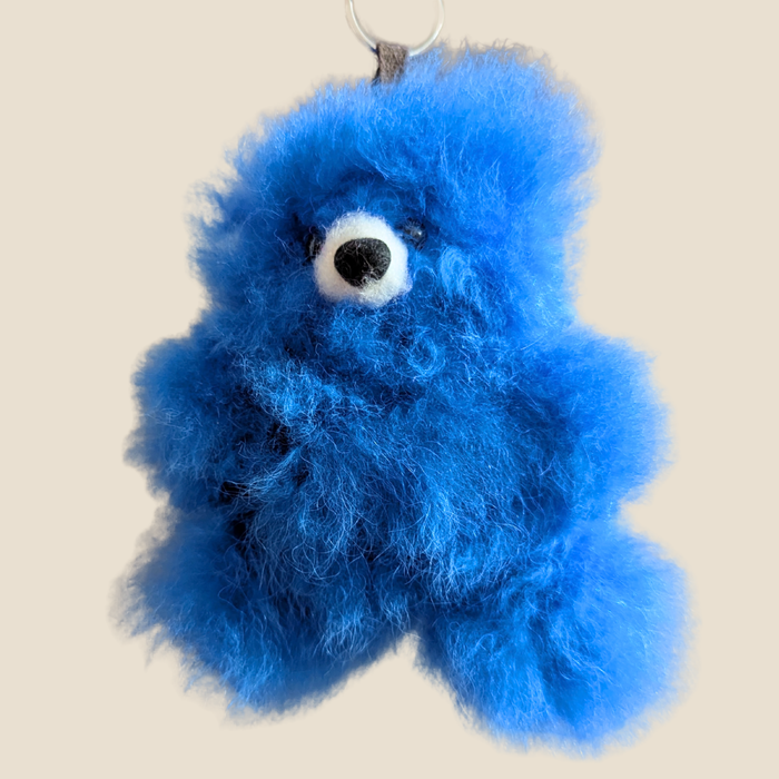 Blue fluffy keychain with a single eye on a light gray background