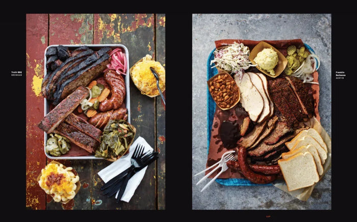 Texas BBQ platters with brisket, ribs, sausage, pickles, mac and cheese, bread, sides, front view