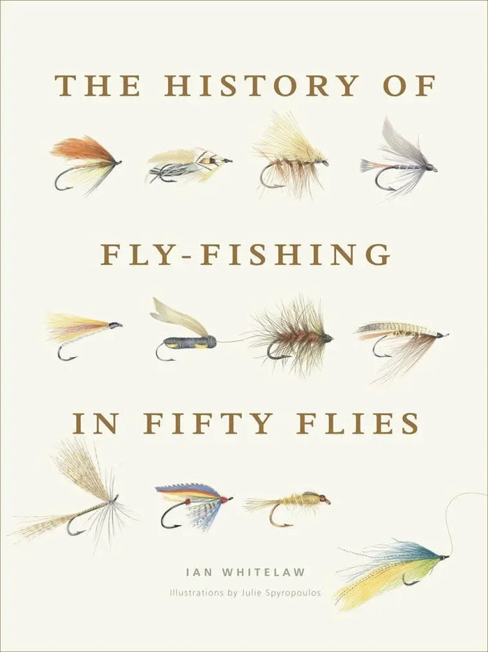 Book cover of 'The History of Fly-Fishing in Fifty Flies' with illustrations of fly fishing lures.
