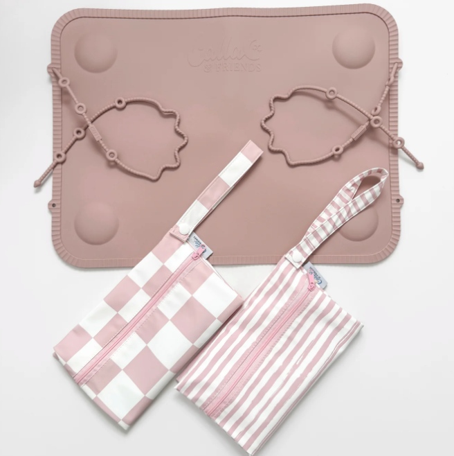 The Tidy Traveler Solid Placemat Set -Petal Pink Brush Stripes