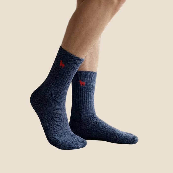 Blue socks with red hearts on a beige background