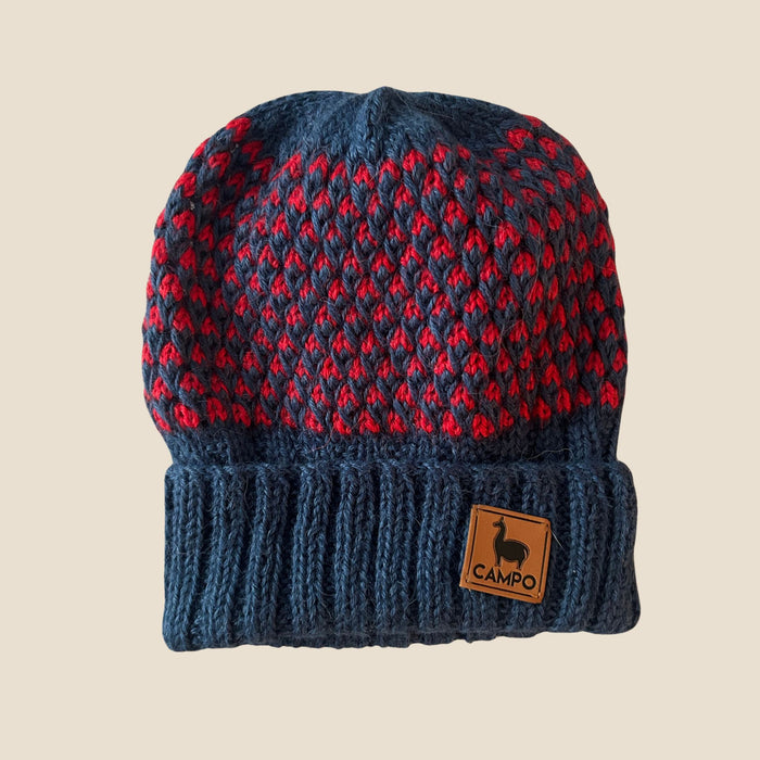 Blue and red patterned beanie with a visible brand logo on a beige background