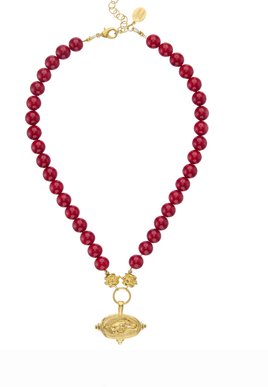 Wild Boar Intaglio On Red Coral Necklace