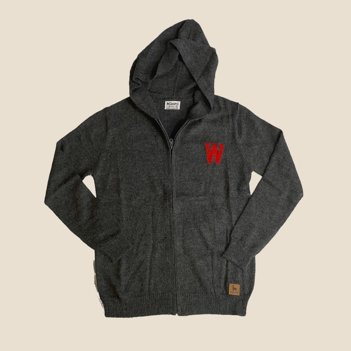 Dark gray hoodie with a W logo on a beige background